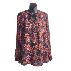 a.n.a Women's Multicolor Floral Print Tie V-Neck Blouse Size M